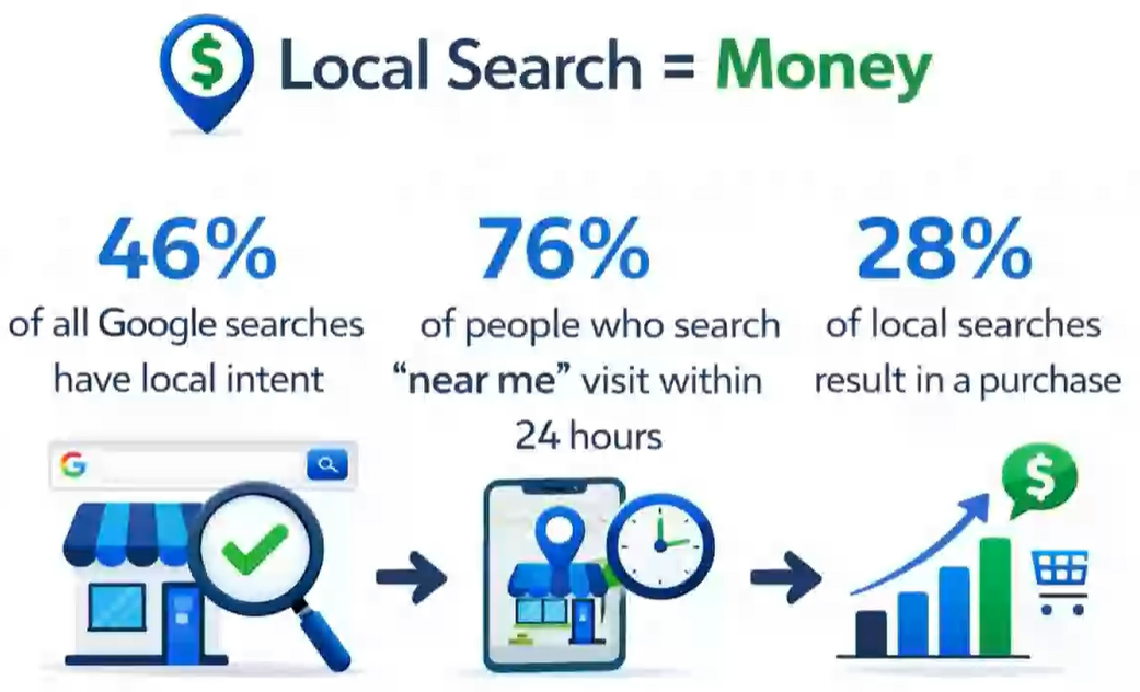 Local search statistics: 46% of Google searches have local intent, 76% of near me searches visit within 24 hours, 28% of local searches result in a purchase